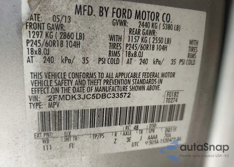 2013 Ford Edge Sel из США, поврежденный, VIN 2FMDK3JC5DBC33572